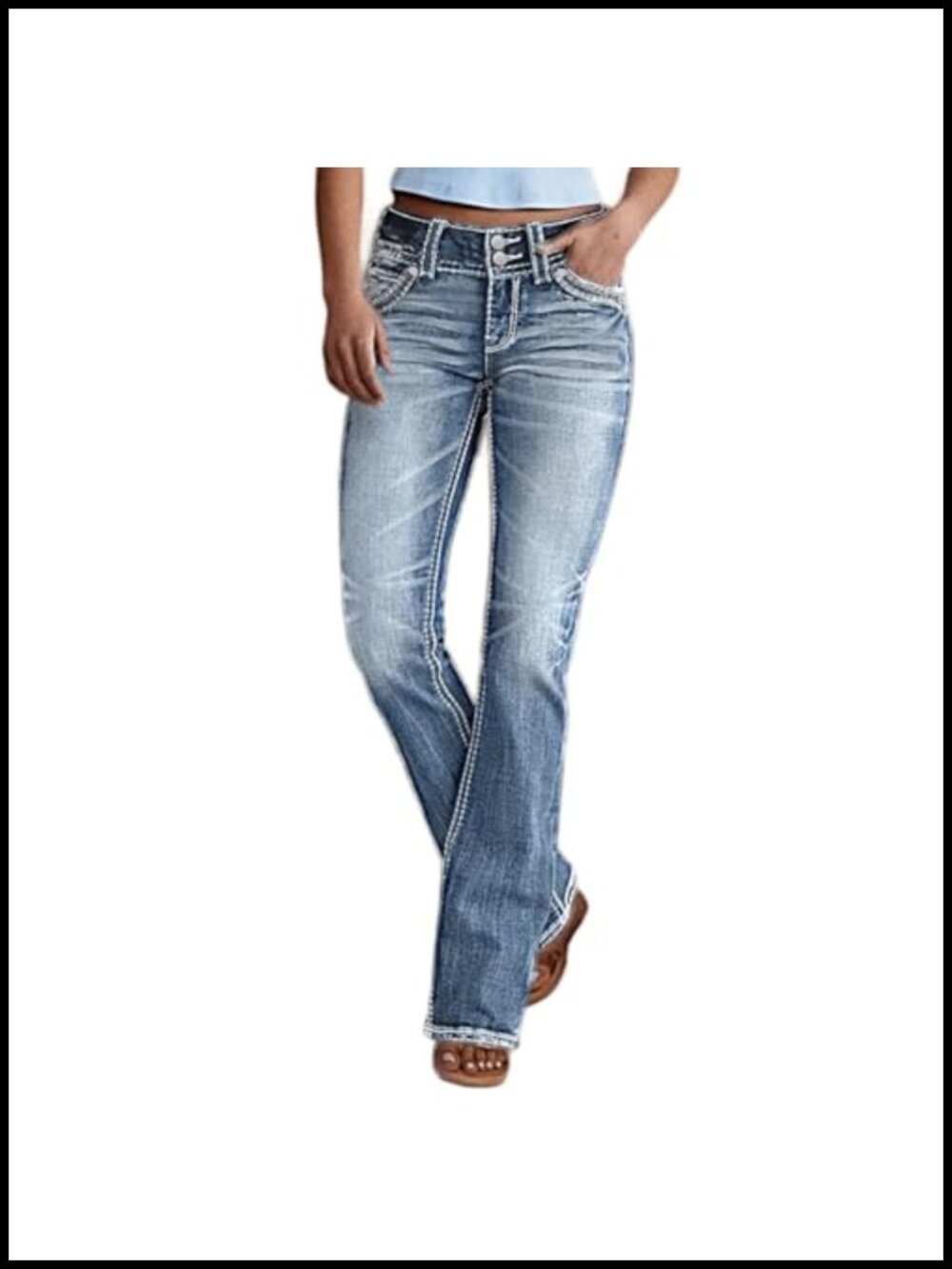 Mid Rise Bootcut Jeans Stretchy Slim Fit Double Button Flare Pants